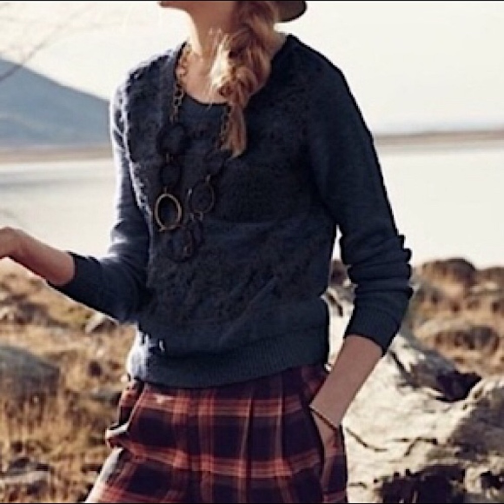 Anthropologie Moth Bramble Textured Marine Blue Crew Neck Sweater
